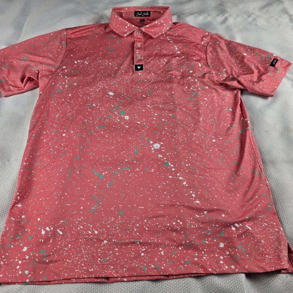 Bad Birdie Men's Large Stretch Performance Polo Shirt Paint Splatter Salmon Pink